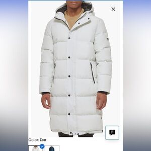 DKNY Ice White Long Puffer Coat with Hood